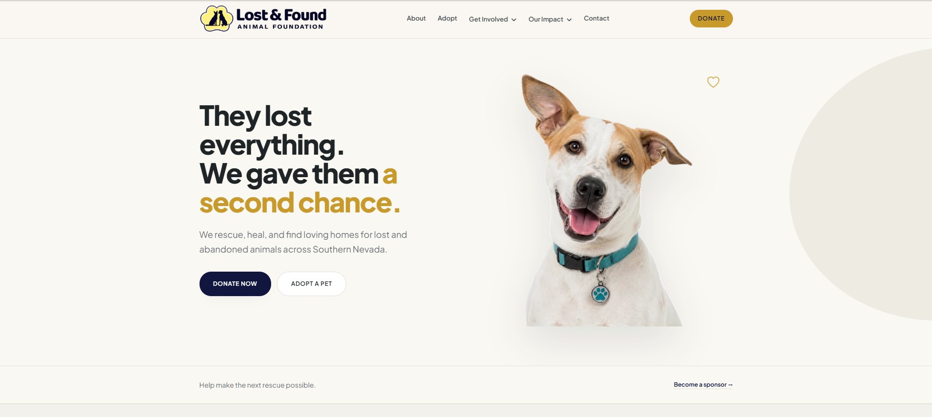 The redesigned Lost & Found Animal Foundation homepage: a rescue dog beside the line &lsquo;They lost everything. We gave them a second chance.&rsquo;