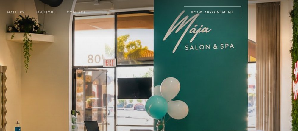 Detail of the redesigned navigation: Gallery, Boutique and Contact links with a persistent Book Appointment action beside the salon&rsquo;s brand panel.