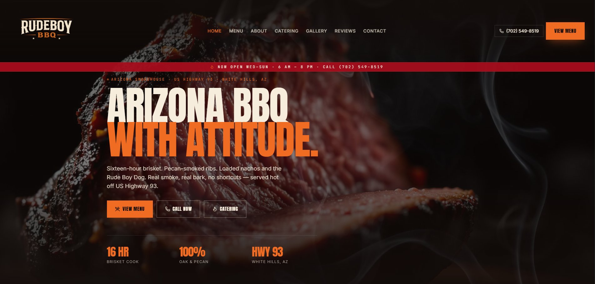 The RudeBoy BBQ homepage, showing the site&rsquo;s hero over smoked brisket photography.
