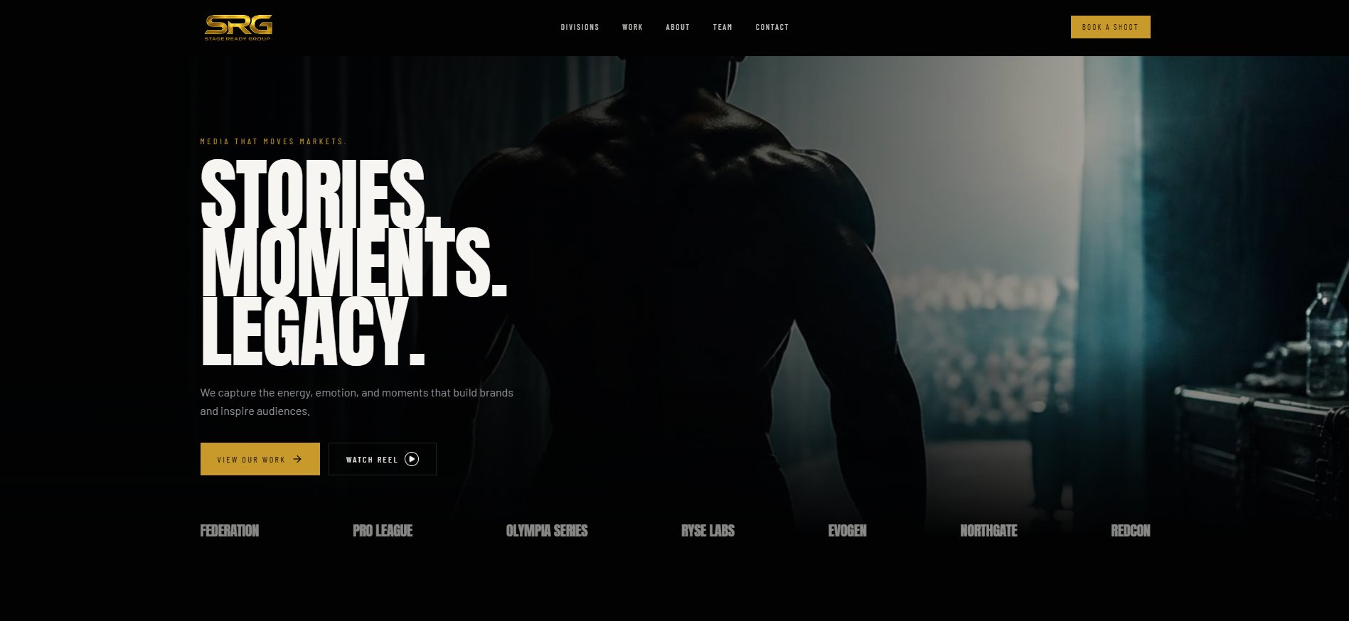 The Stage Ready Group homepage 8ward designed: &lsquo;Stories. Moments. Legacy.&rsquo; in oversized type over a dark backstage scene.